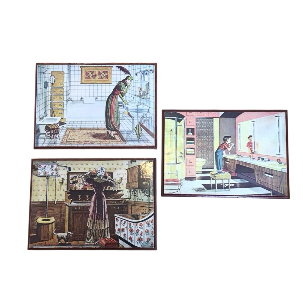 Set of 3 Vintage Bathroom Progression Wall Art Wood Plaques Decoupage